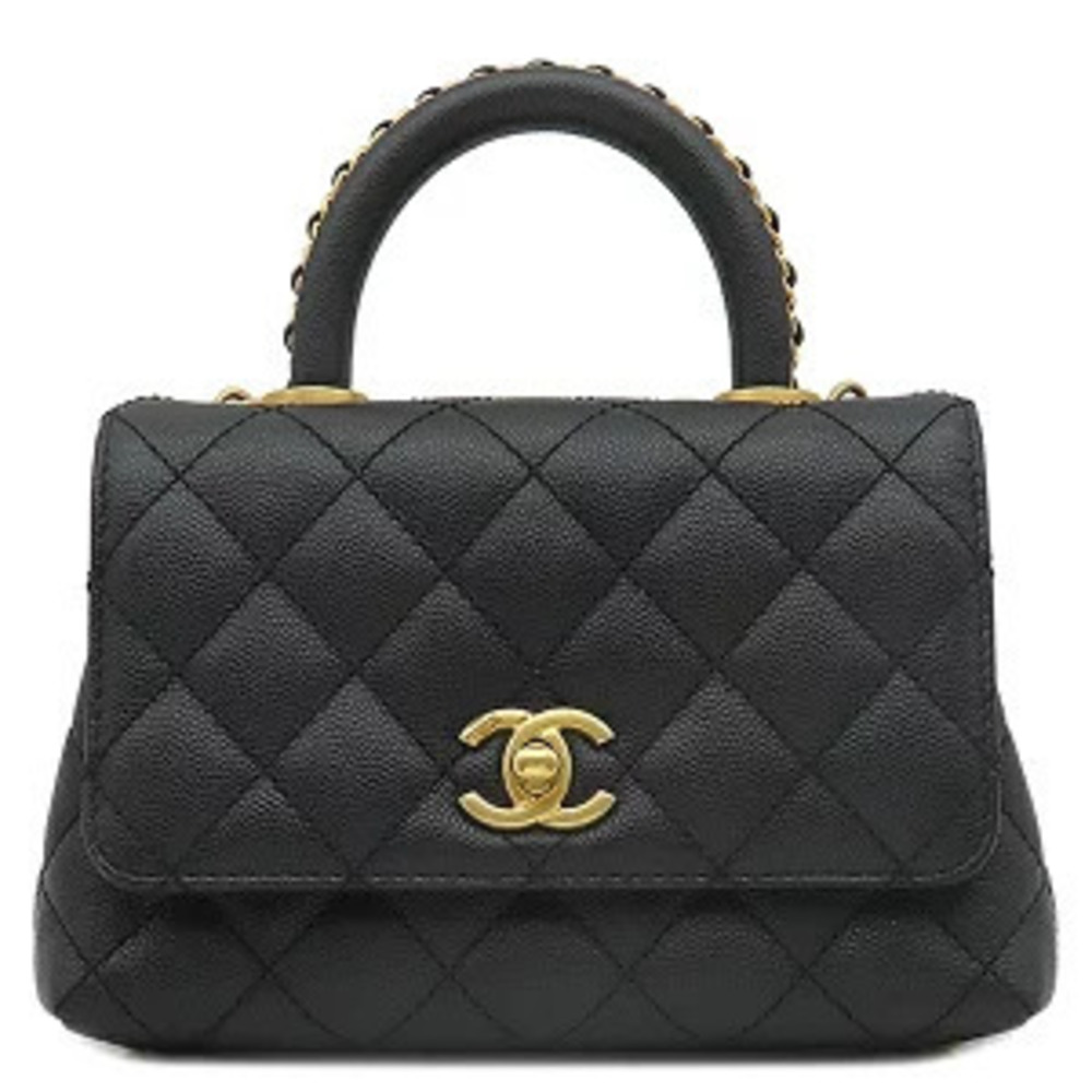 Chanel Bag Top Handle Flap Leather Caviar Skin Black Coco Shoulder